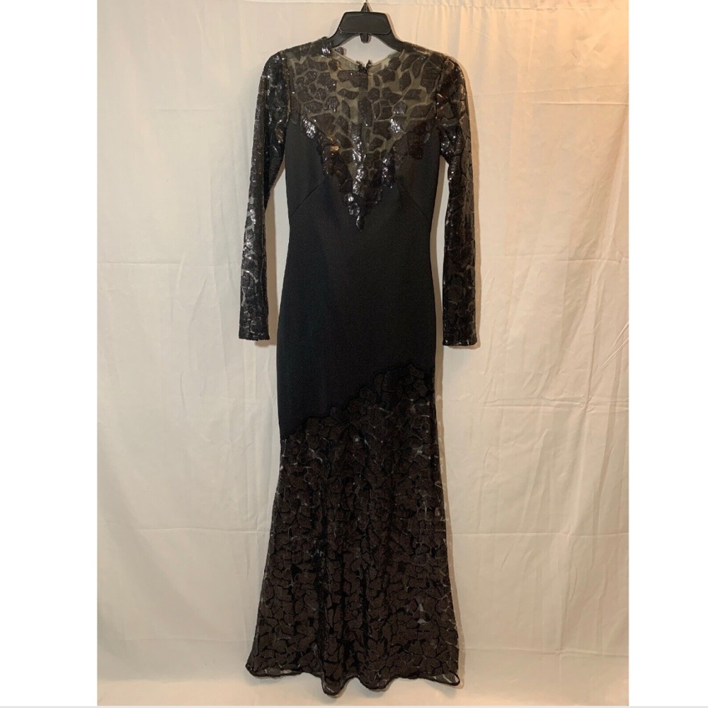 NEW Tadashi Shoji Long‎ Sleeve Sequined Crepe Gown in Black [SZ 2 ]